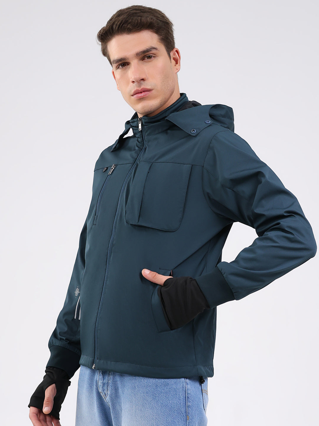 Men Teal Blue Solid Hooded Full Sleeve Jacket