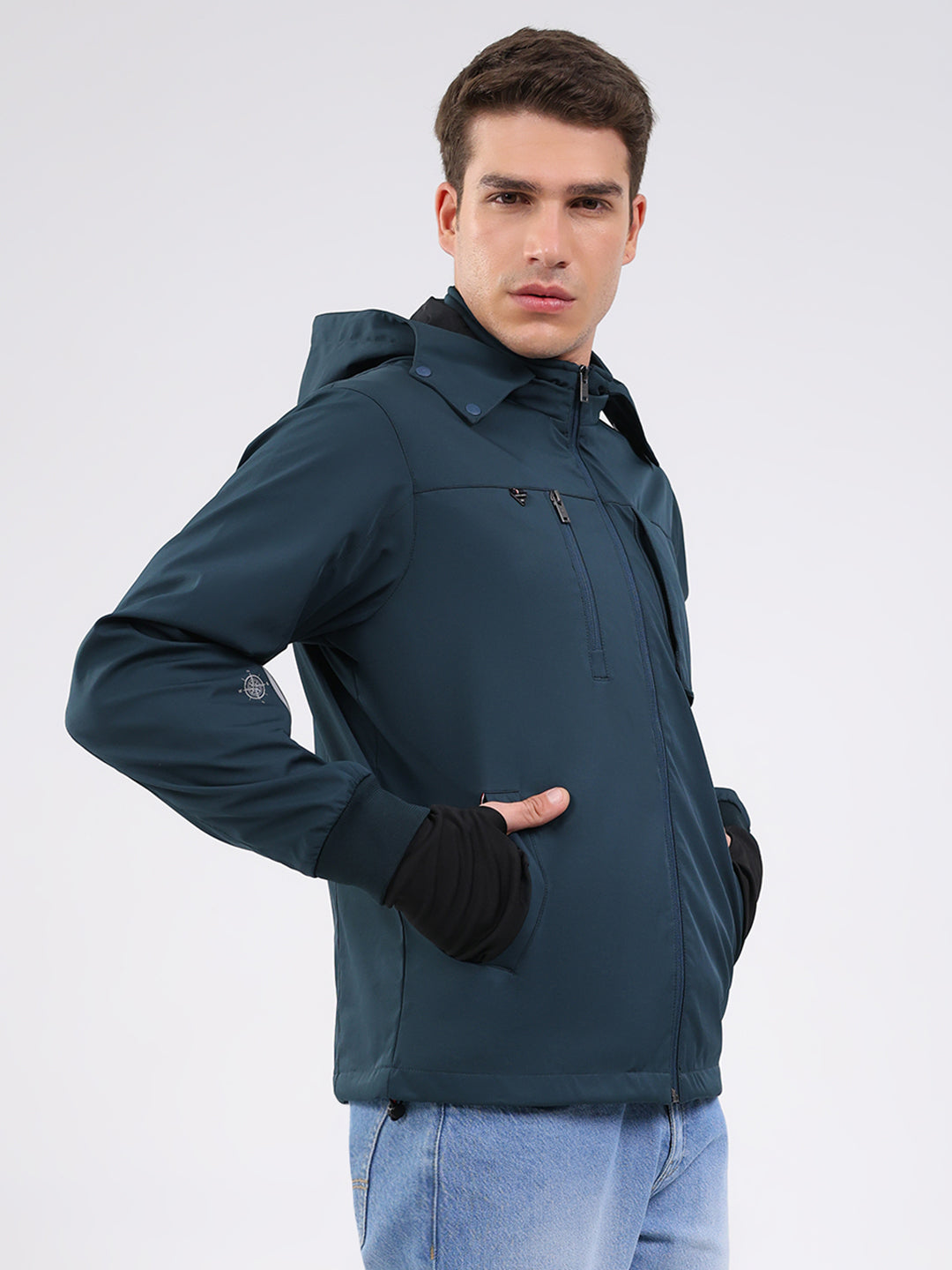 Men Teal Blue Solid Hooded Full Sleeve Jacket