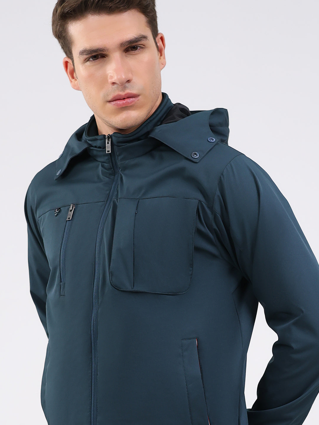 Men Teal Blue Solid Hooded Full Sleeve Jacket