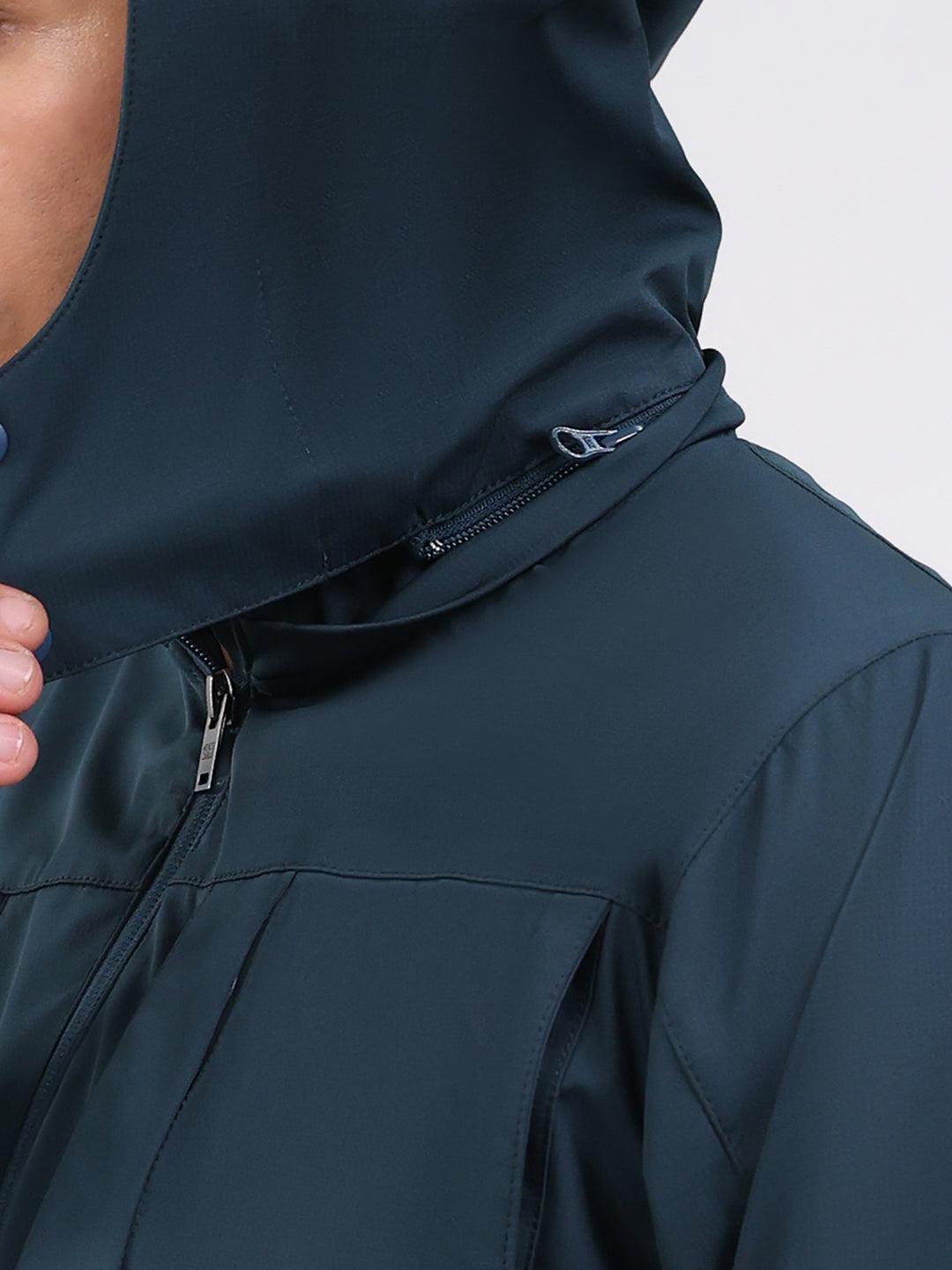 Men Teal Blue Solid Hooded Full Sleeve Jacket