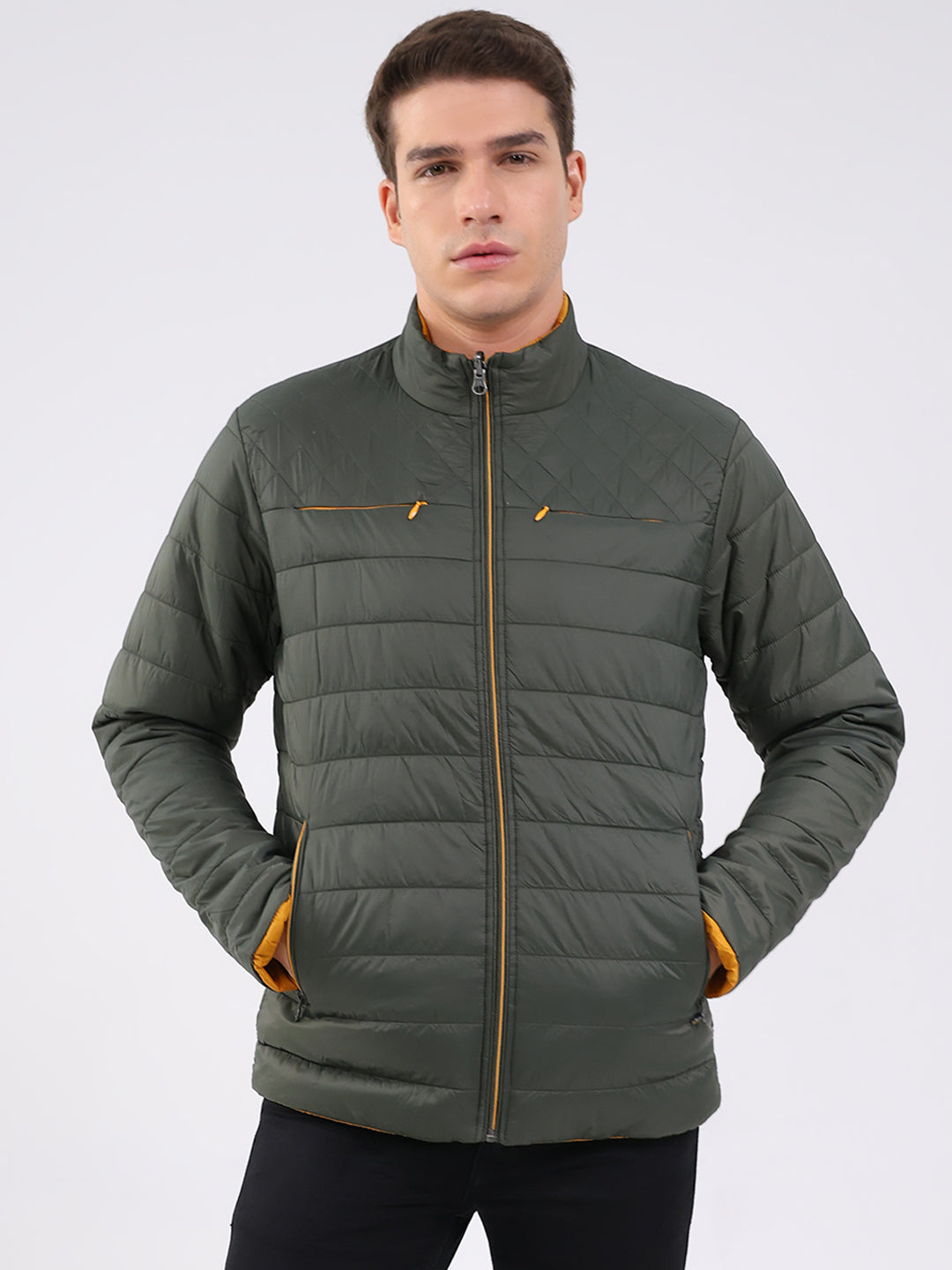 Men Olive Solid Mock Neck Full Sleeve Jacket