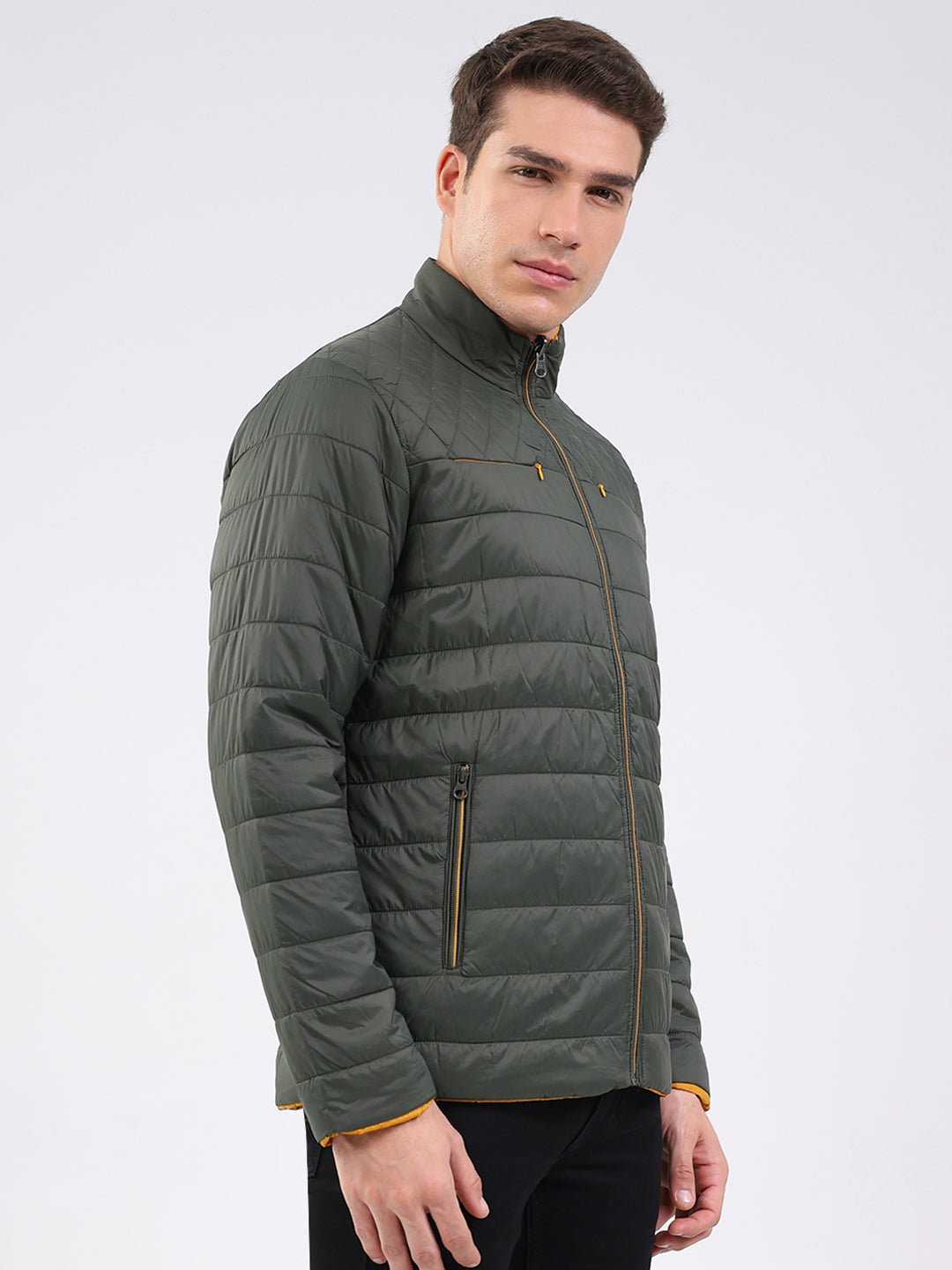 Men Olive Solid Mock Neck Full Sleeve Jacket