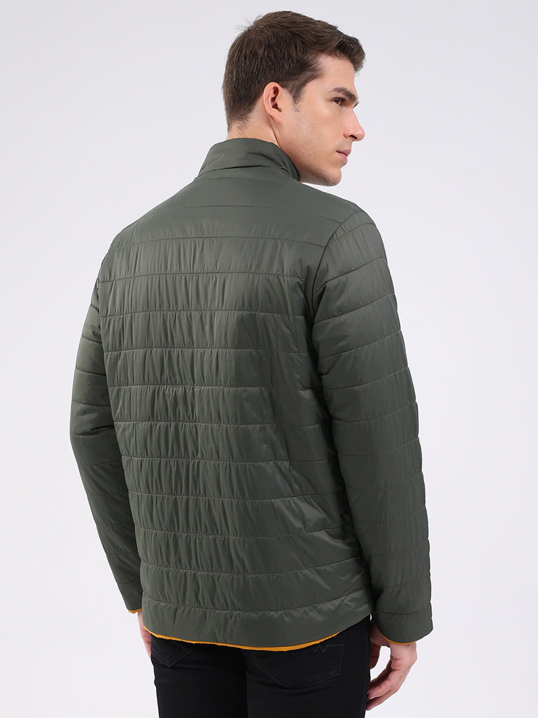 Men Olive Solid Mock Neck Full Sleeve Jacket