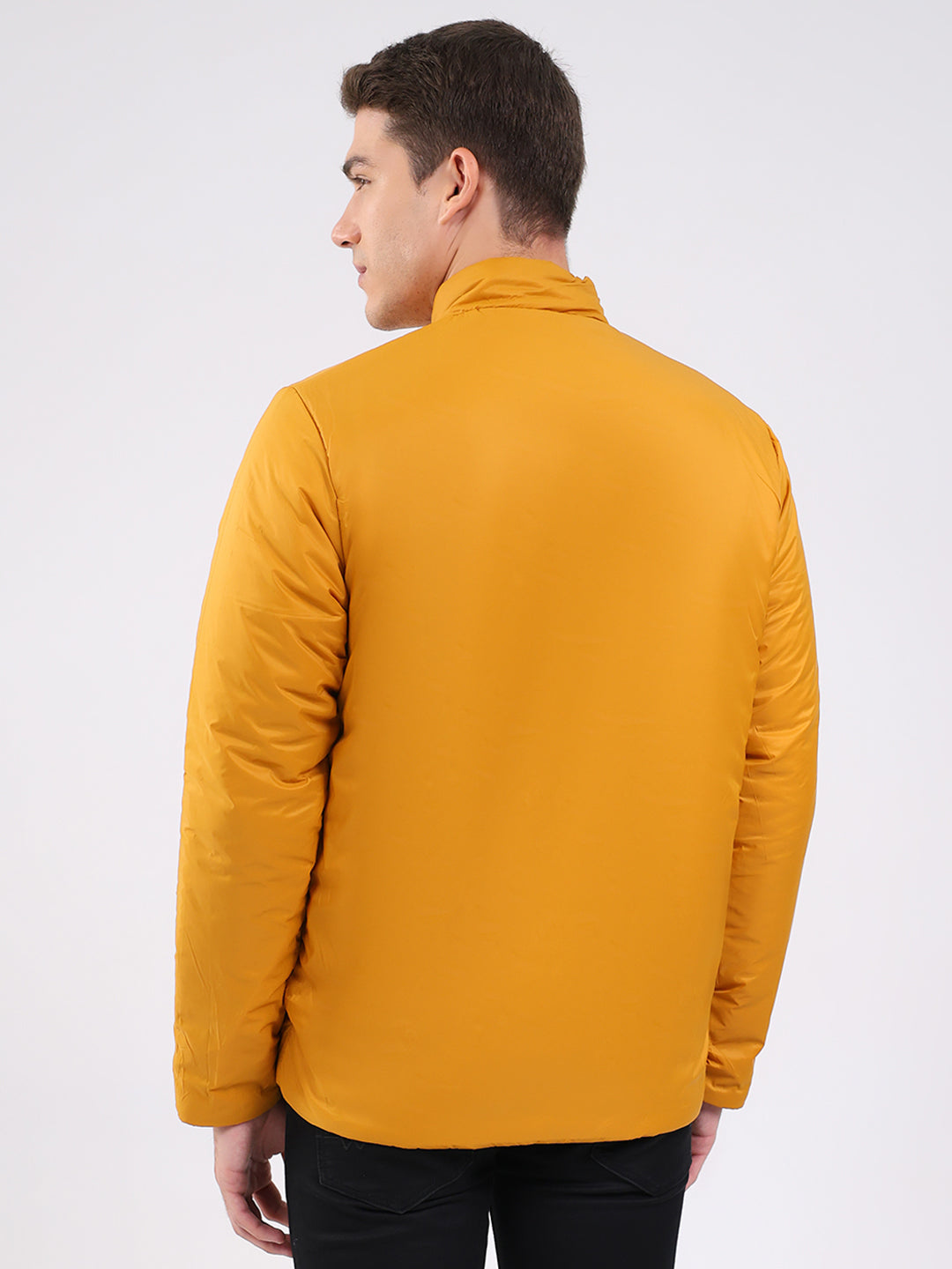 Men Olive Solid Mock Neck Full Sleeve Jacket