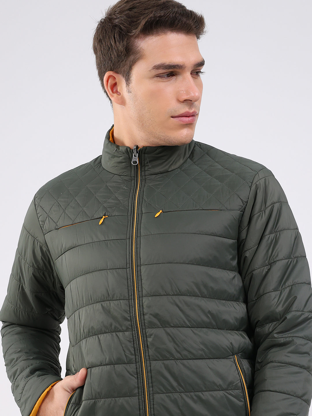 Men Olive Solid Mock Neck Full Sleeve Jacket