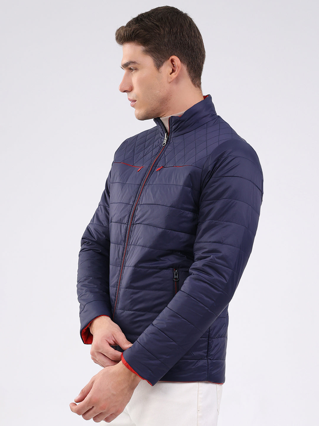 Men Navy Blue Solid Mock Neck Full Sleeve Jacket