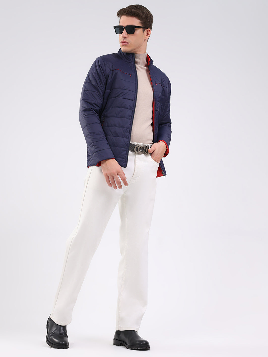 Men Navy Blue Solid Mock Neck Full Sleeve Jacket