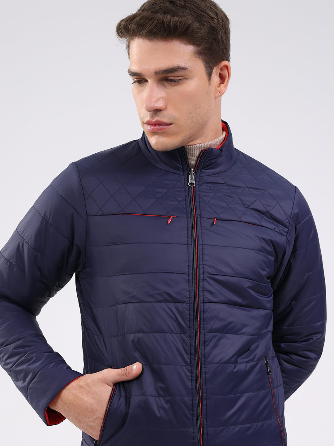 Men Navy Blue Solid Mock Neck Full Sleeve Jacket