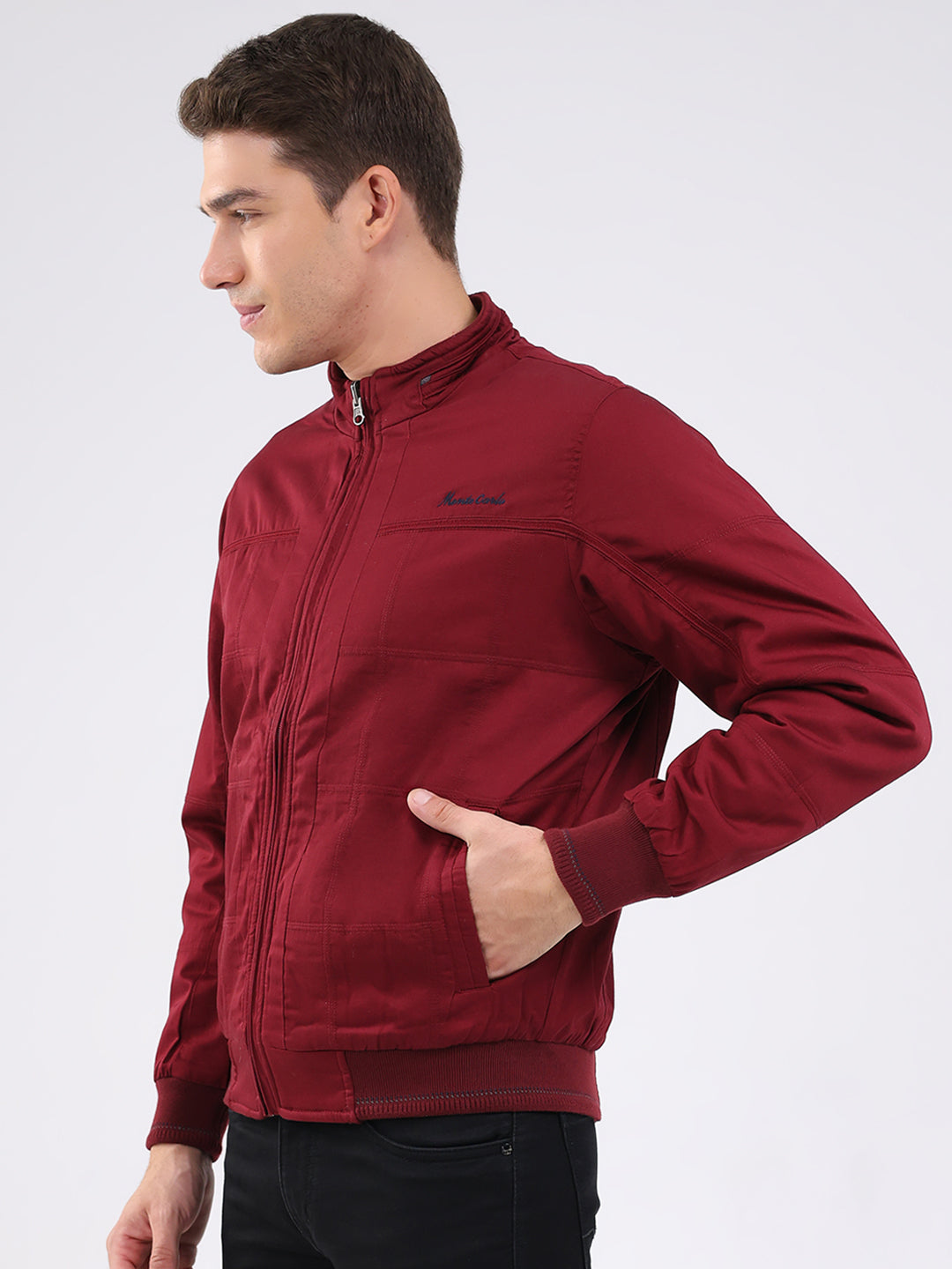 Men Maroon Solid Mock Neck Full Sleeve Jacket