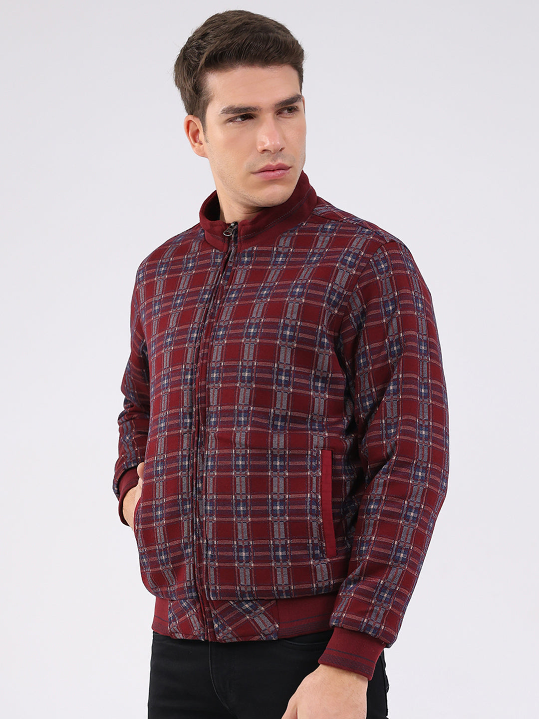 Men Maroon Solid Mock Neck Full Sleeve Jacket
