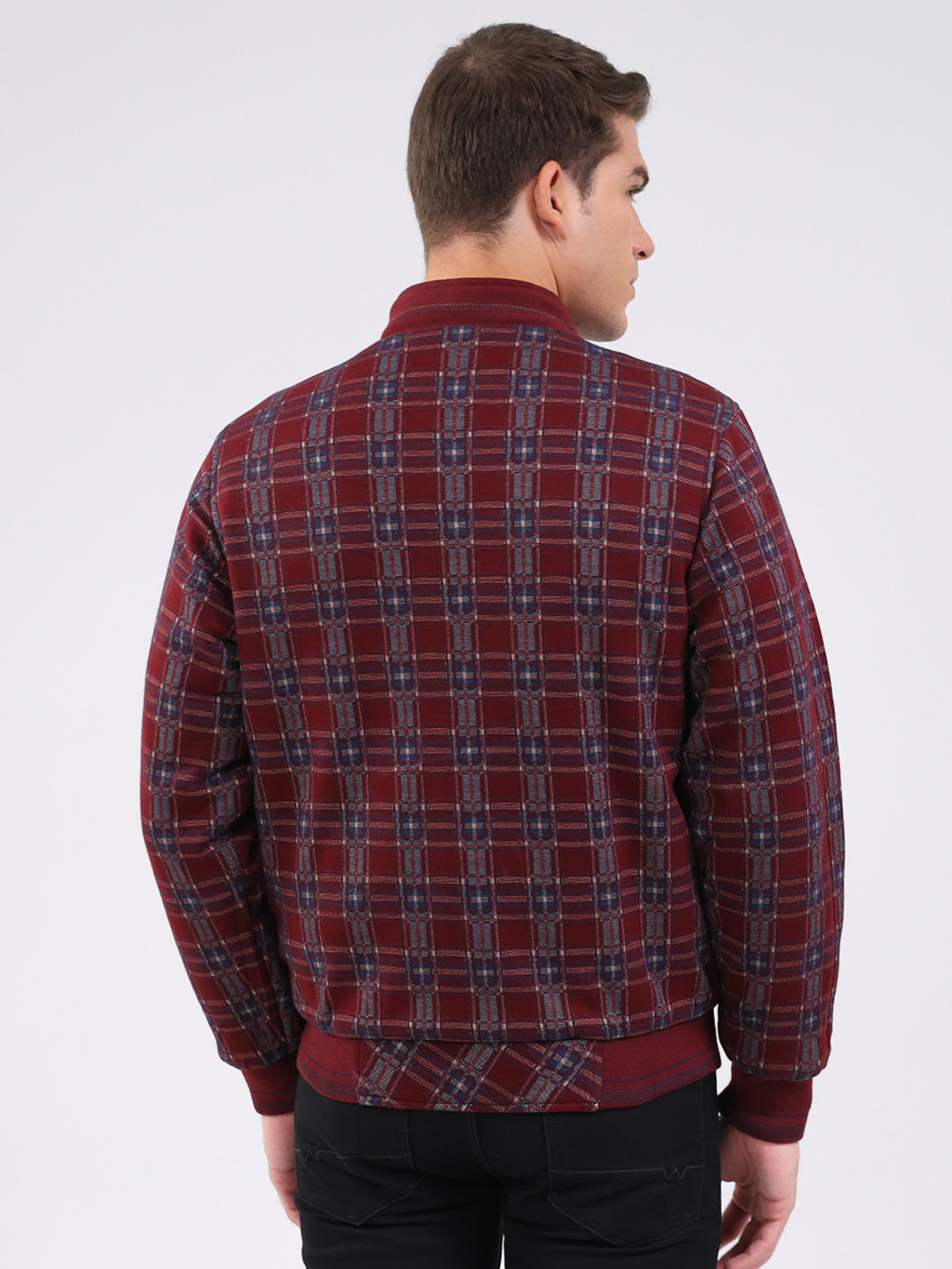Men Maroon Solid Mock Neck Full Sleeve Jacket