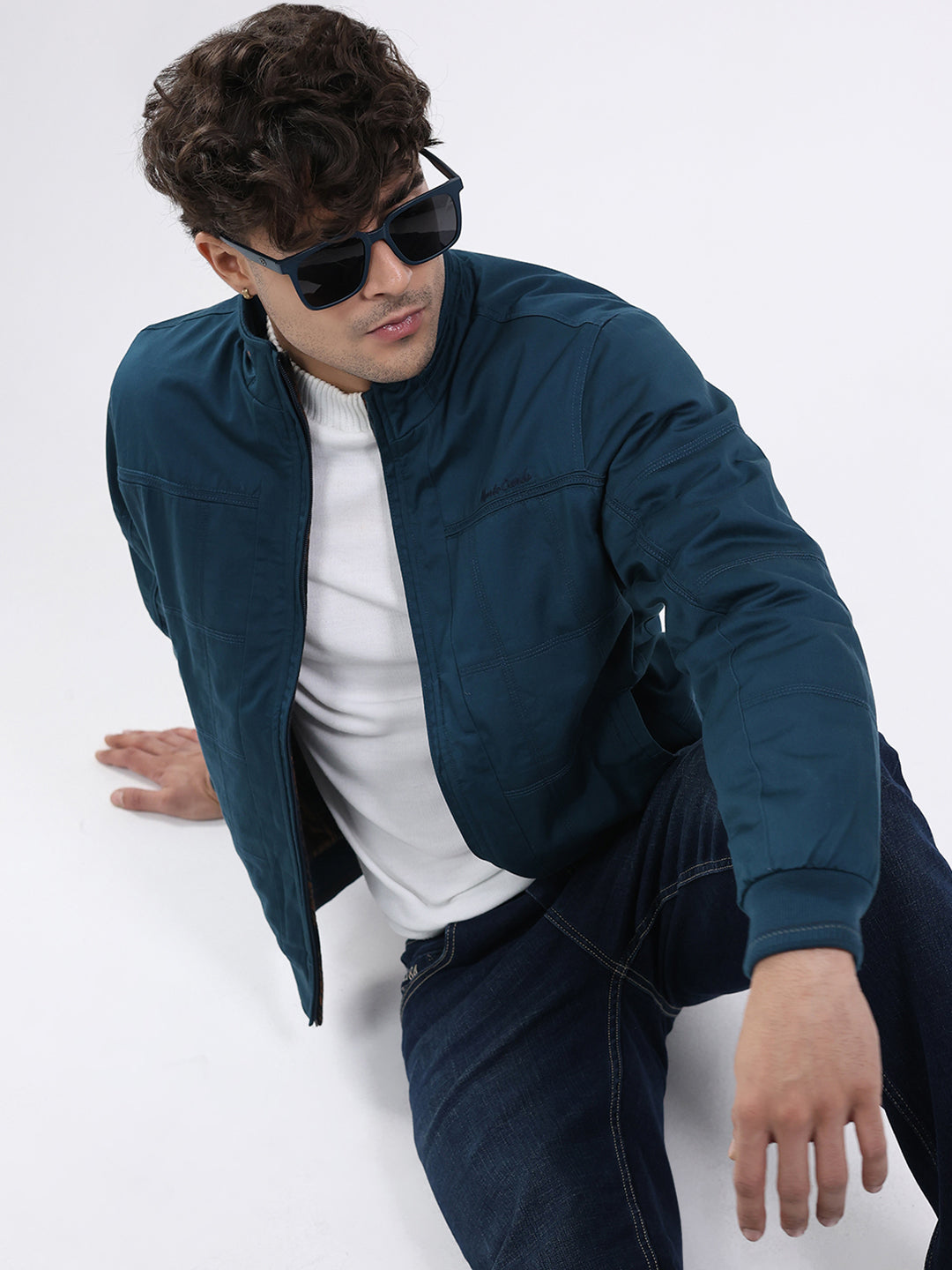 Men Teal Blue Solid Round Neck Full Sleeve Jacket
