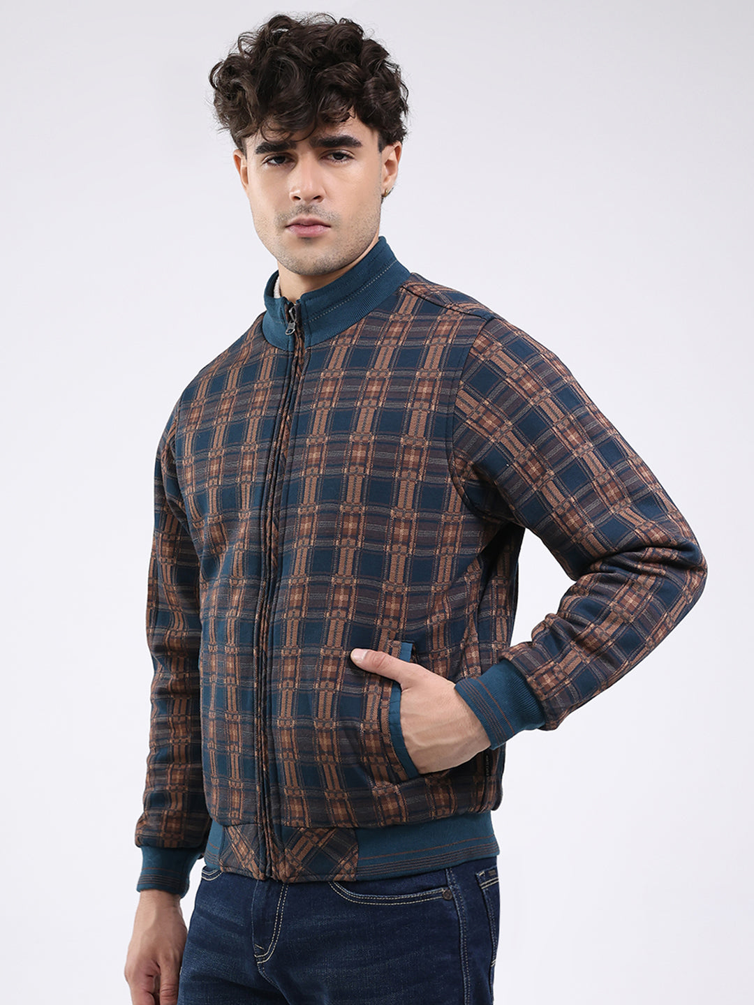 Men Teal Blue Solid Round Neck Full Sleeve Jacket