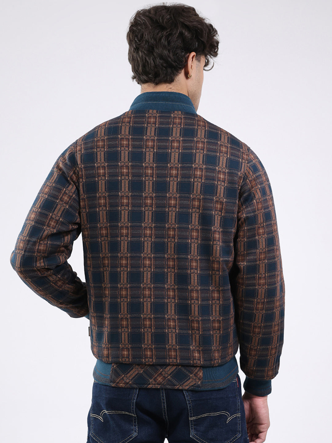 Men Teal Blue Solid Round Neck Full Sleeve Jacket