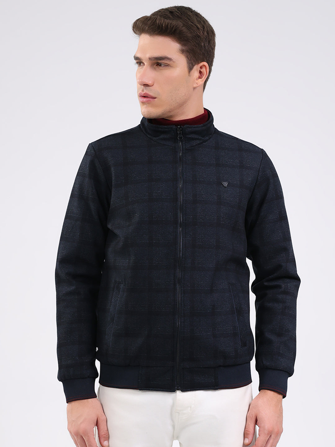 Men Navy Blue Solid Mock Neck Full Sleeve Jacket