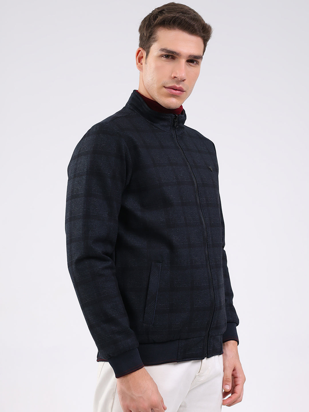 Men Navy Blue Solid Mock Neck Full Sleeve Jacket