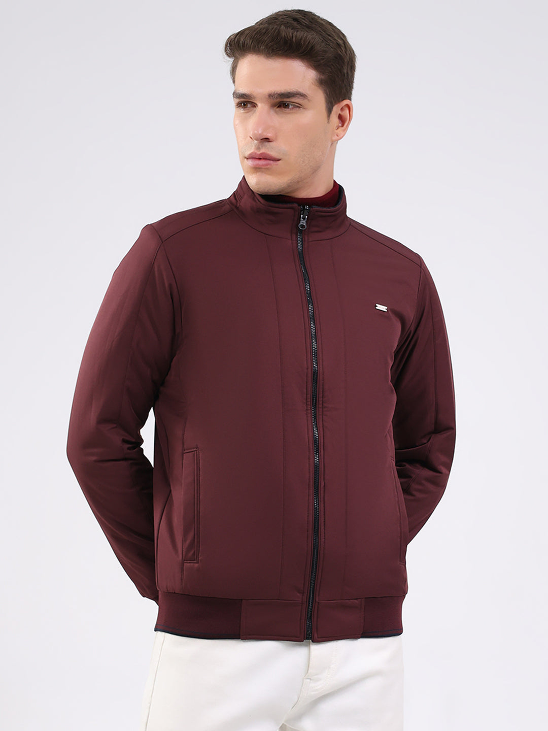 Men Navy Blue Solid Mock Neck Full Sleeve Jacket