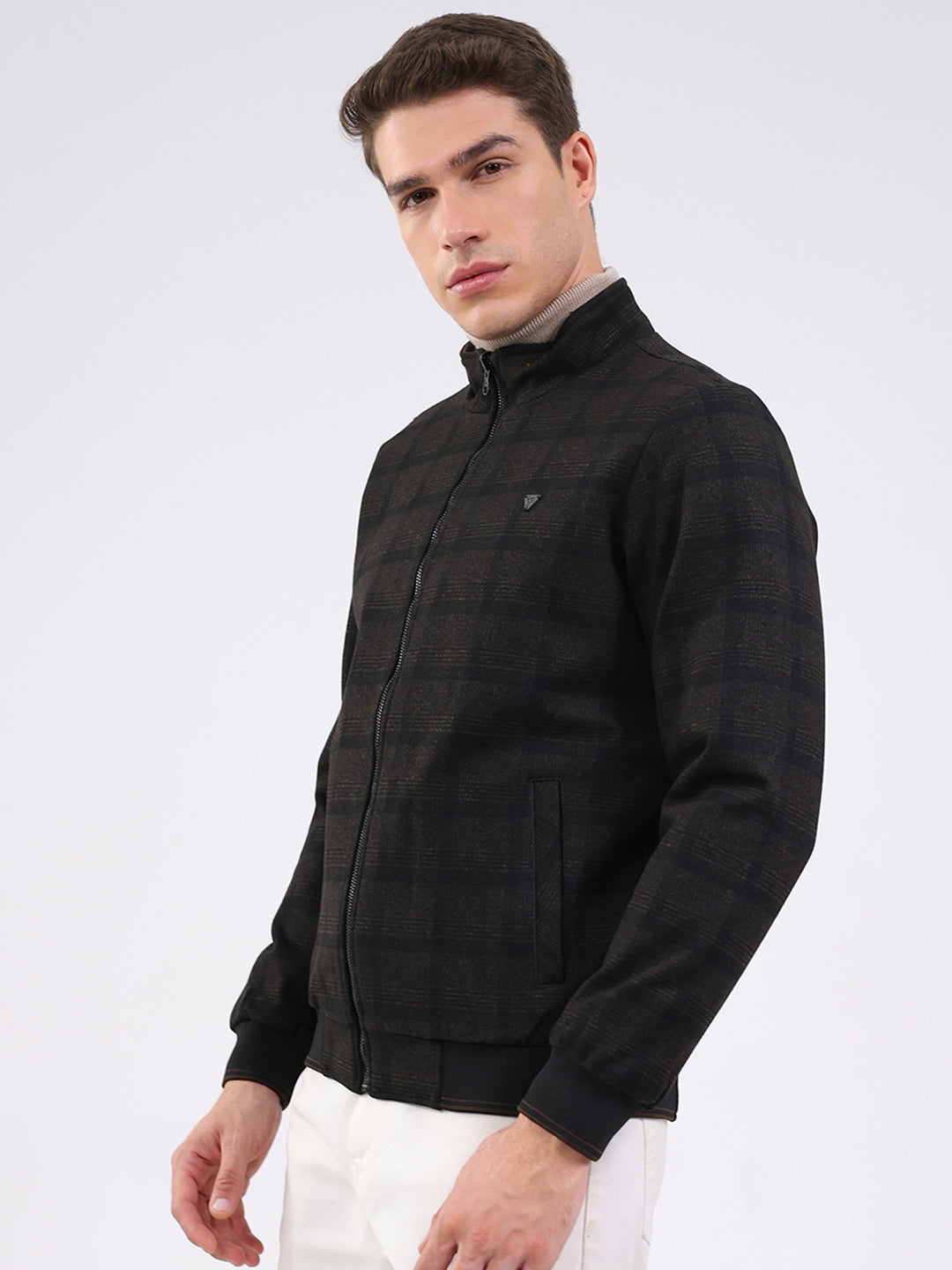 Men Black Solid Mock Neck Full Sleeve Jacket