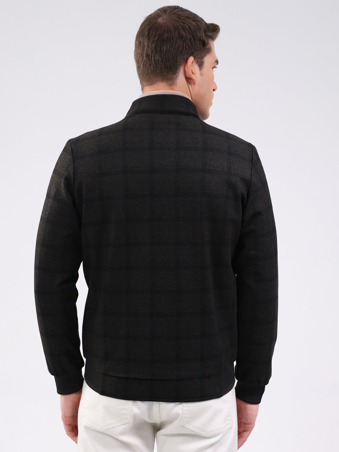 Men Black Solid Mock Neck Full Sleeve Jacket
