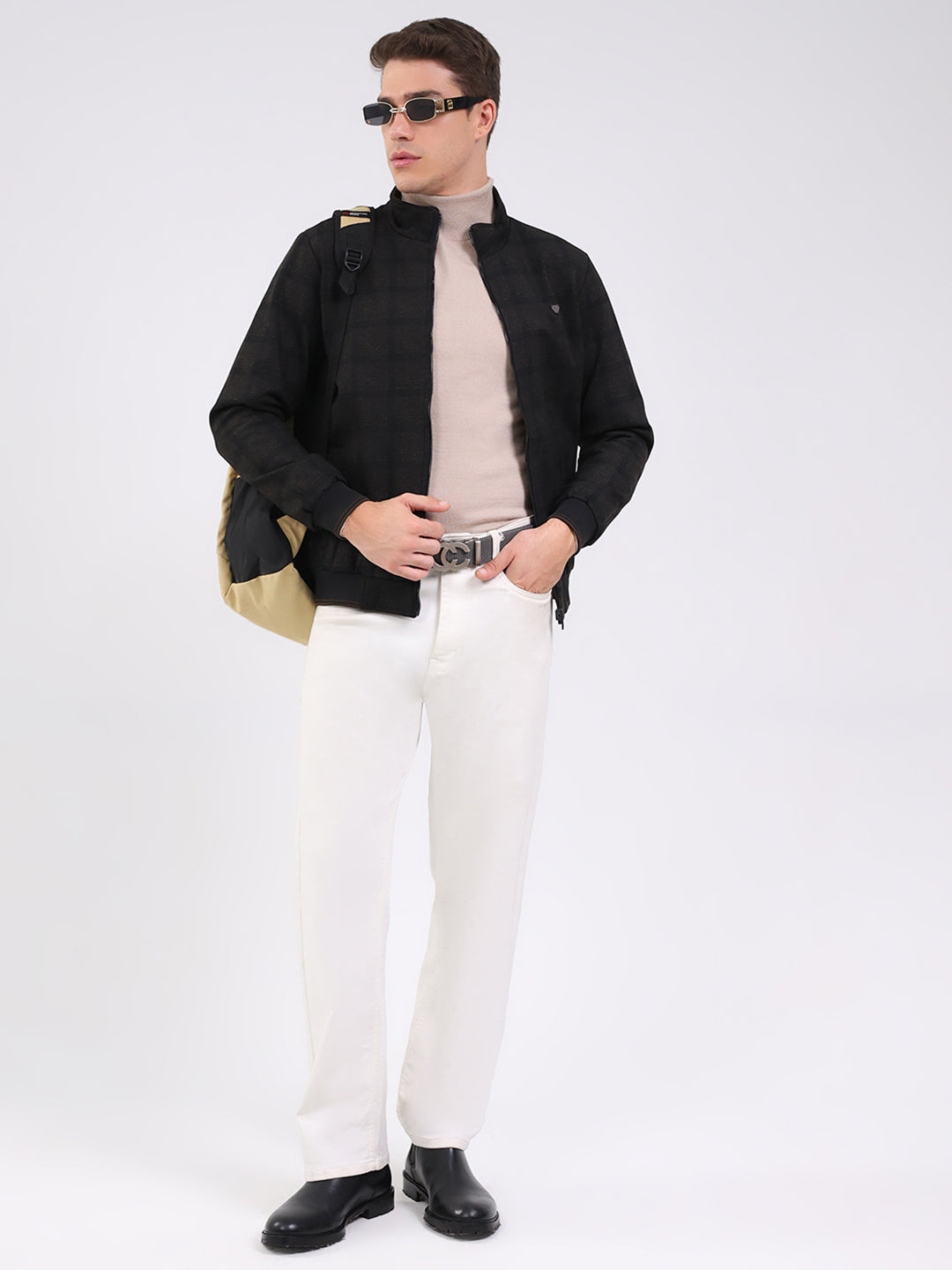 Men Black Solid Mock Neck Full Sleeve Jacket