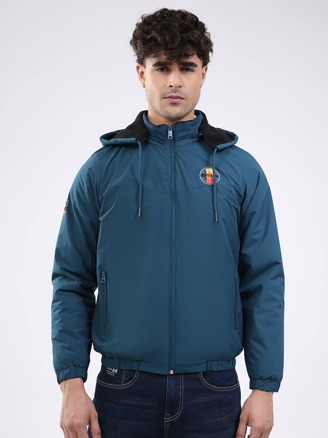 Men Teal Blue Solid Hooded Full Sleeve Jacket