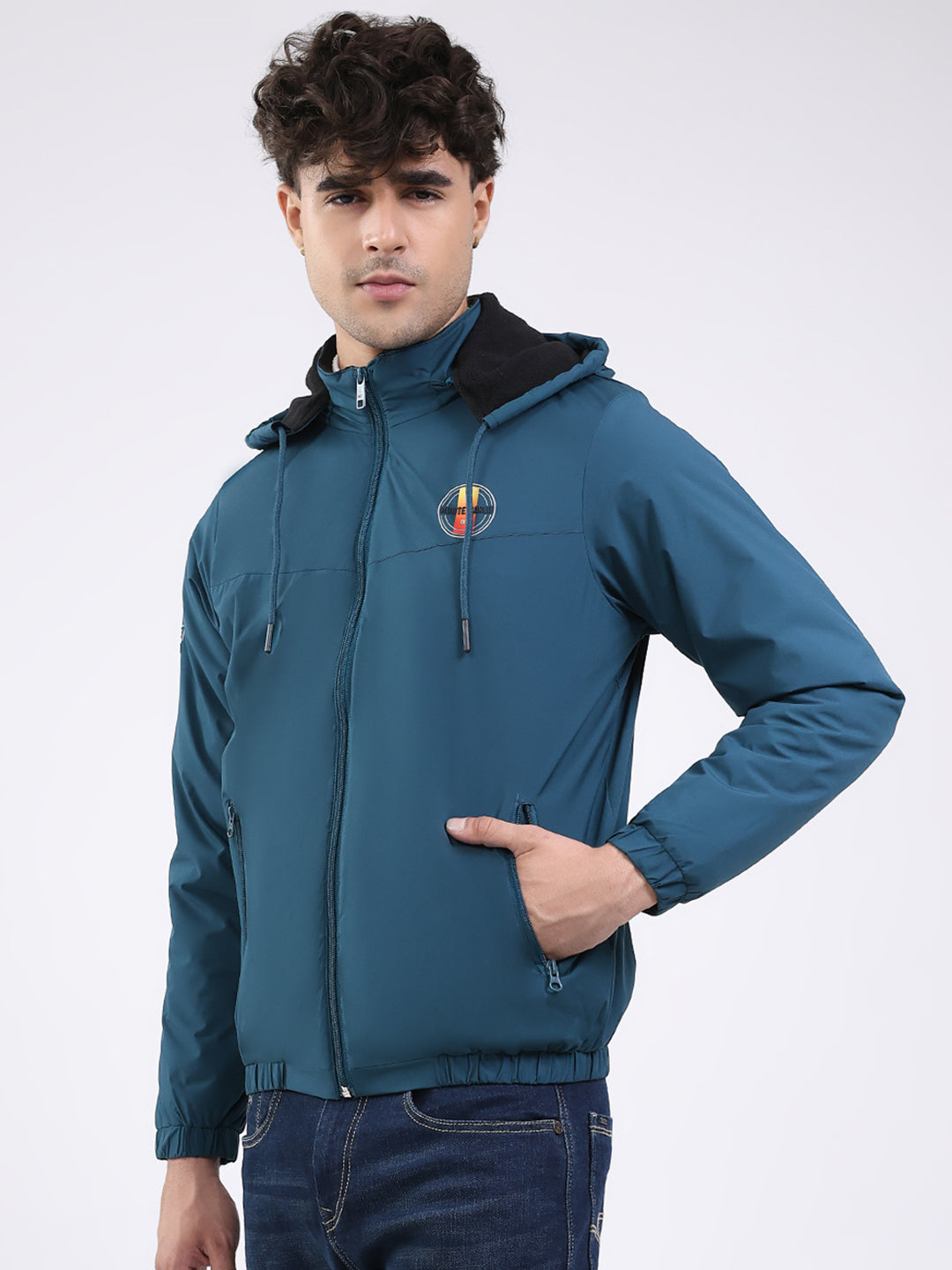 Men Teal Blue Solid Hooded Full Sleeve Jacket