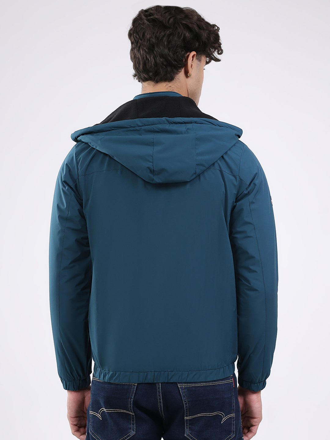 Men Teal Blue Solid Hooded Full Sleeve Jacket