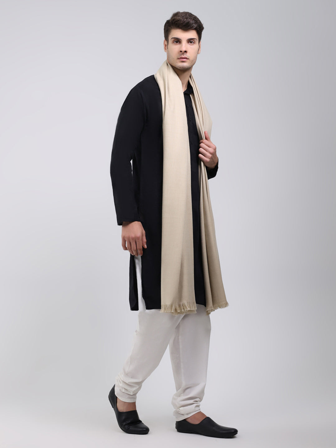 Men Beige Solid Wool Blend Lohi Shawl