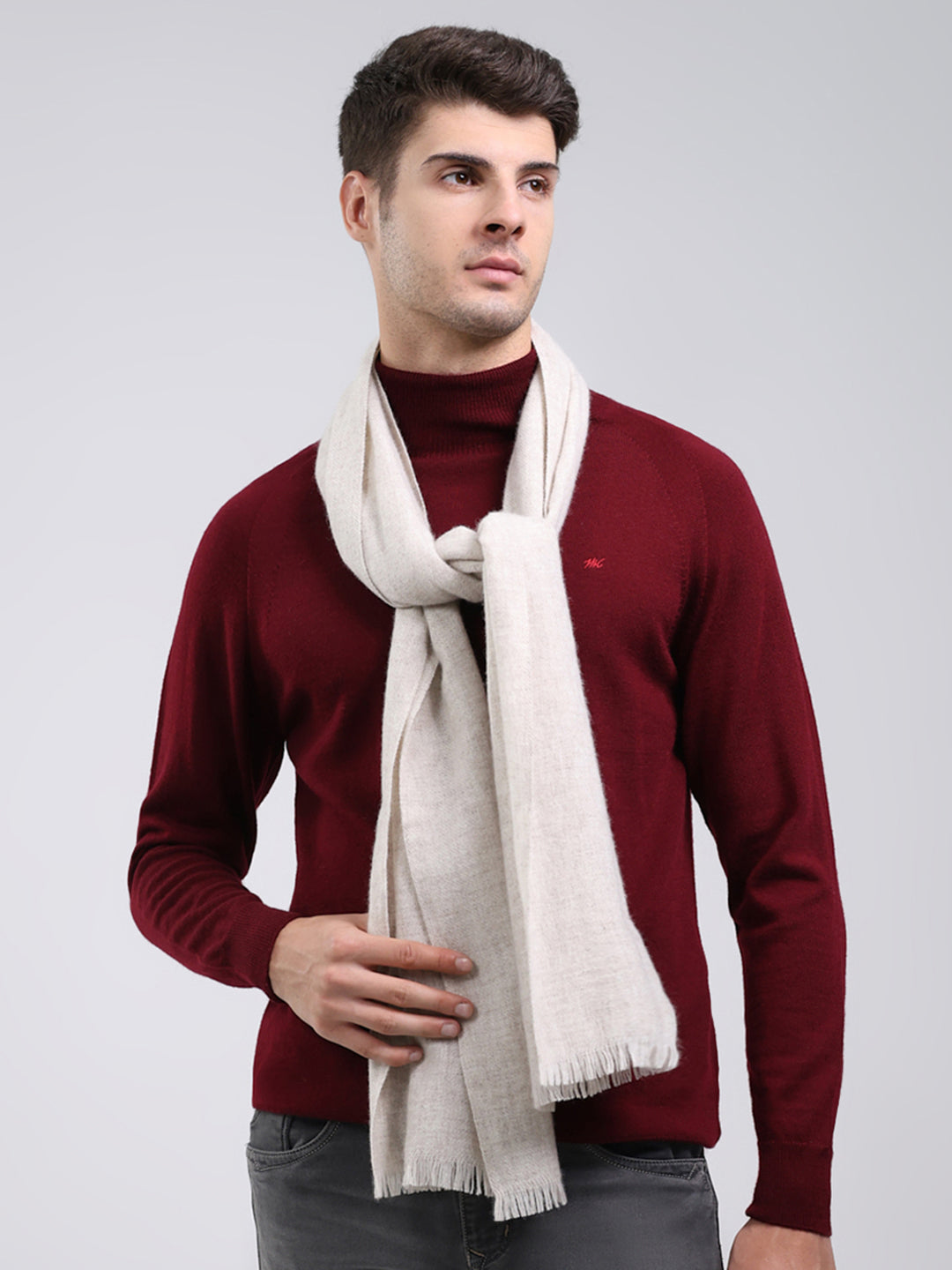Men White Self Design Wool Blend Muffler