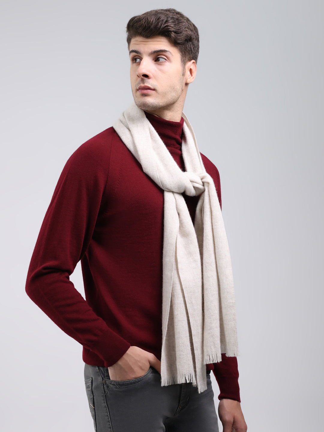 Men White Self Design Wool Blend Muffler