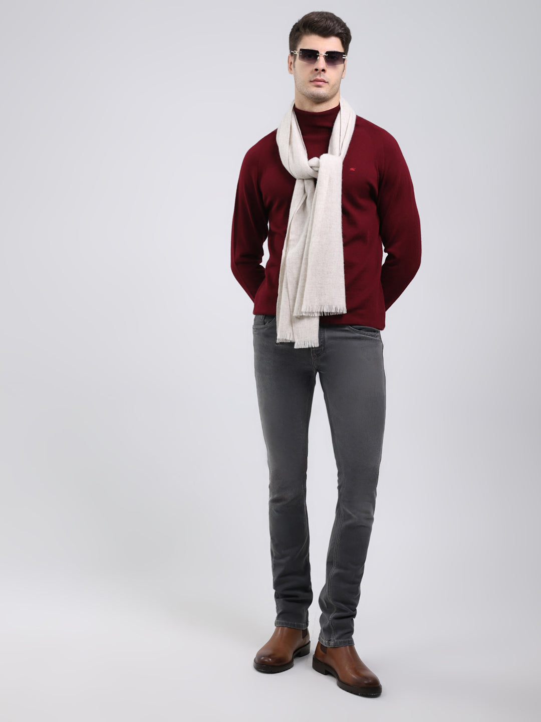 Men White Self Design Wool Blend Muffler