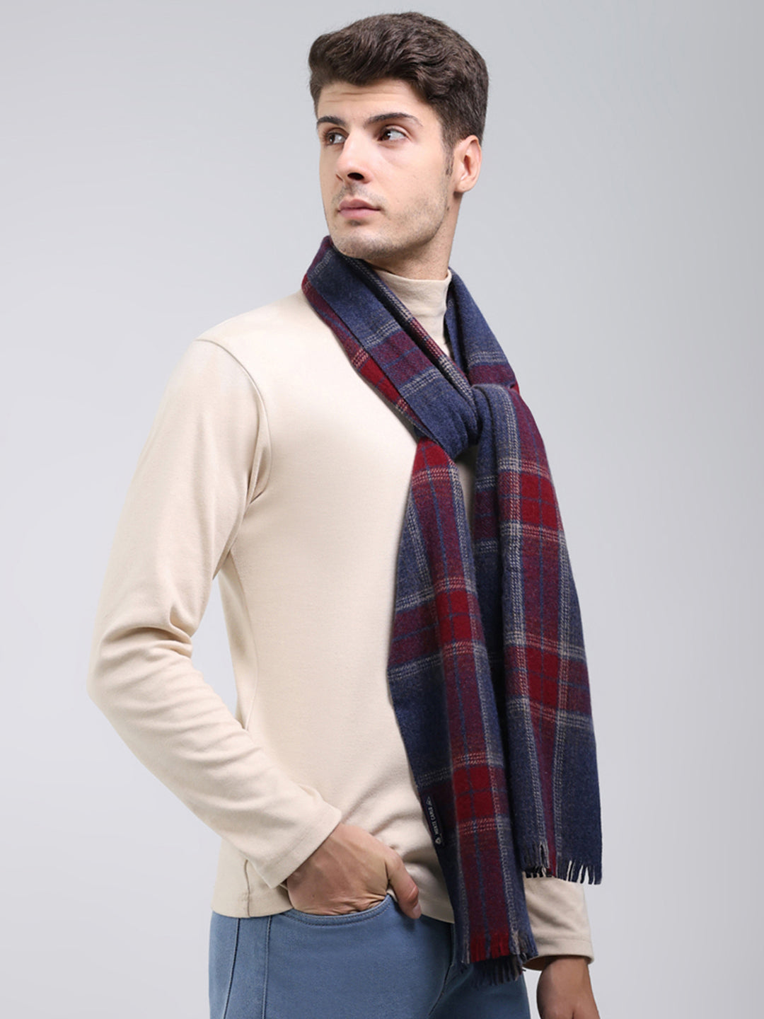 Men Navy Blue Self Design Wool Blend Muffler