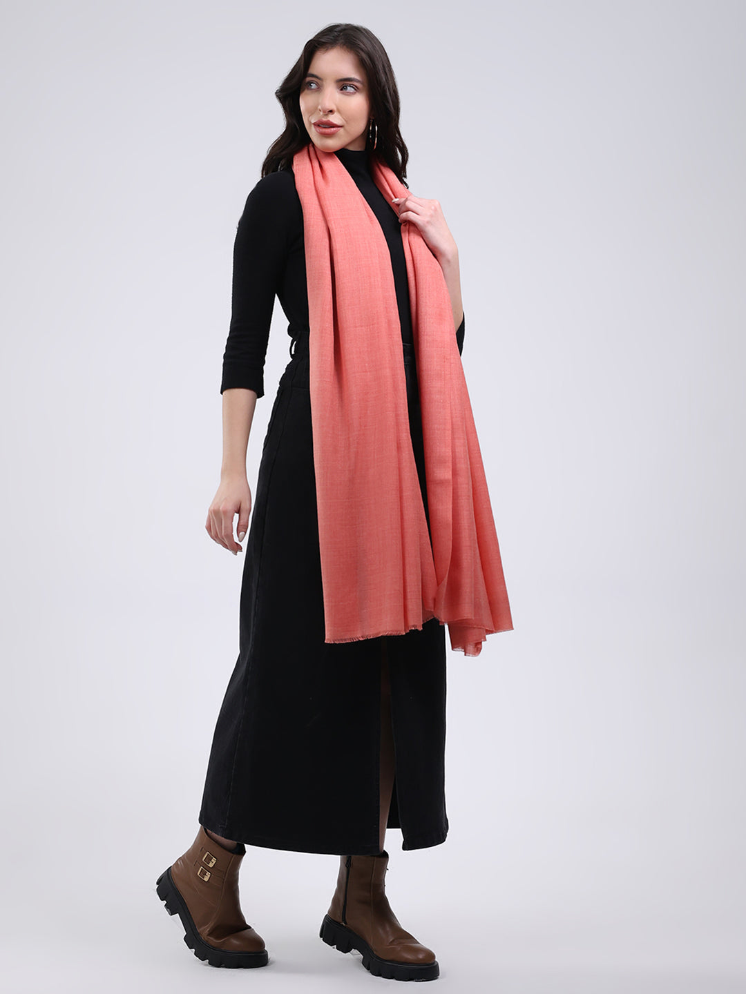 Women Peach Solid Wool Blend Shawl