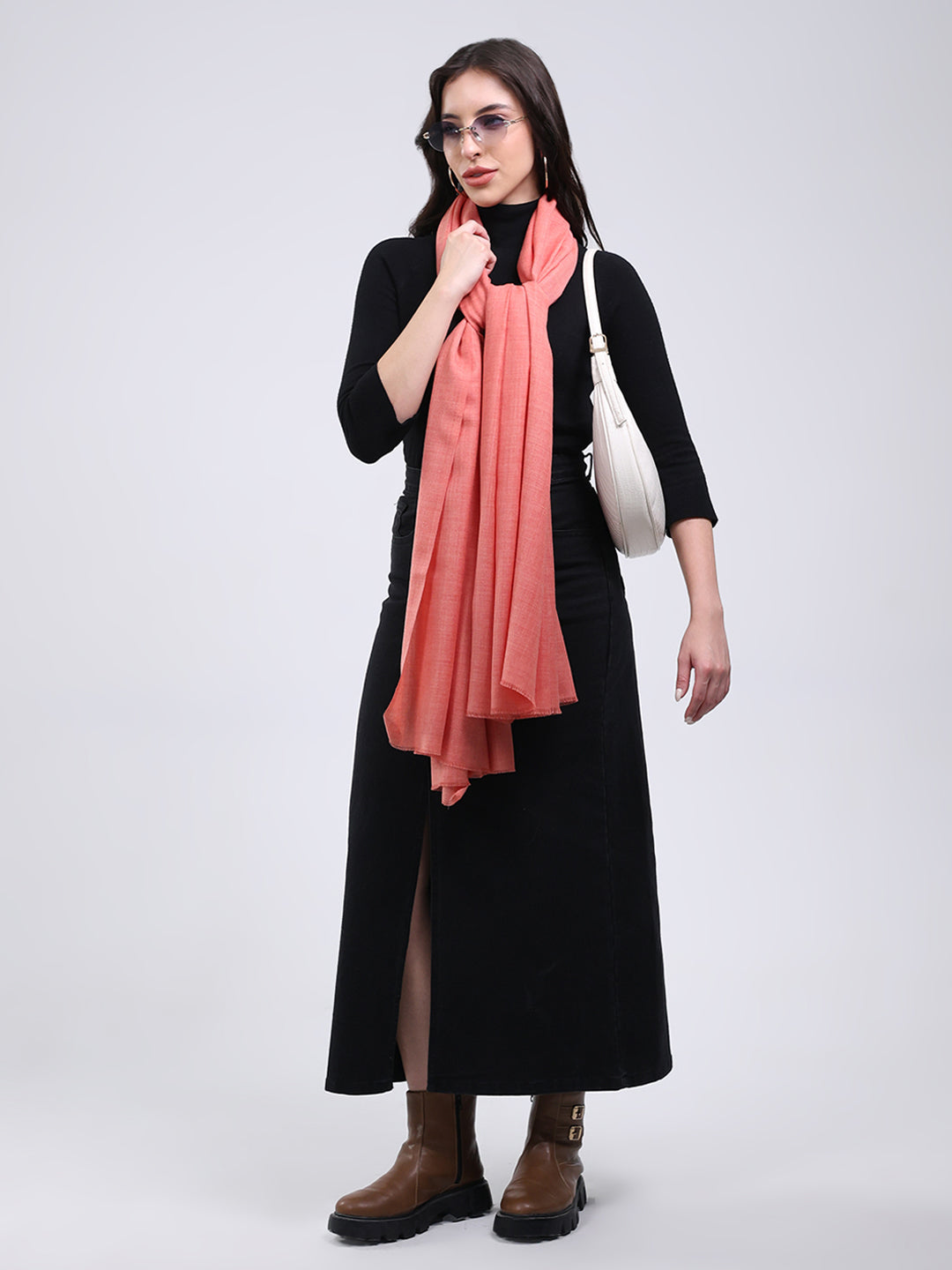 Women Peach Solid Wool Blend Shawl