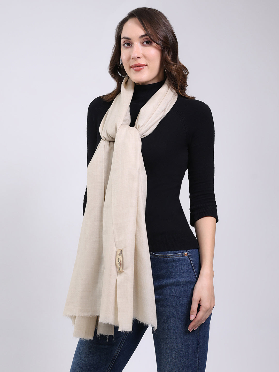 Women Cream Solid Wool Blend Shawl
