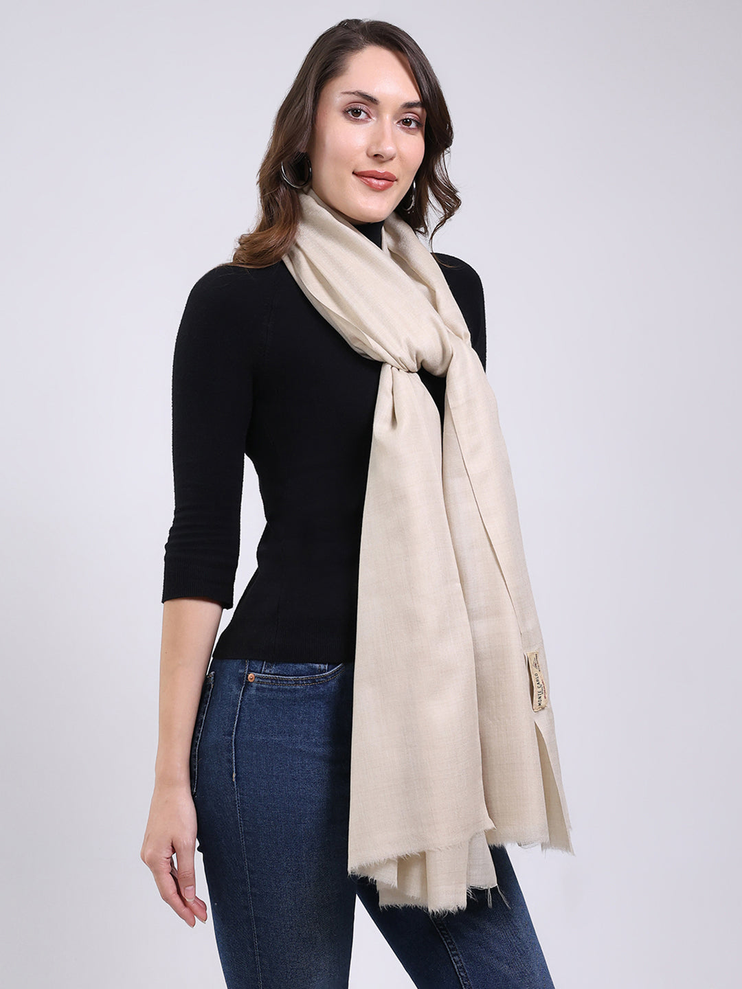 Women Cream Solid Wool Blend Shawl