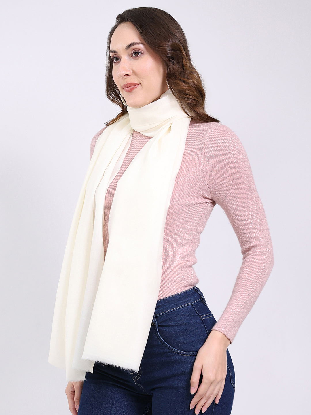 Women White Solid Wool Blend Shawl