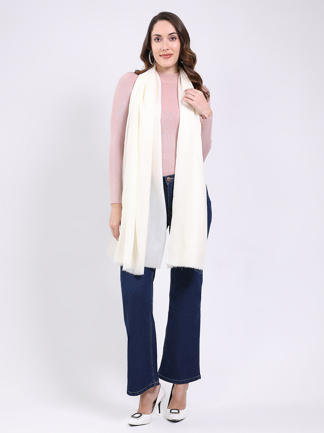 Women White Solid Wool Blend Shawl