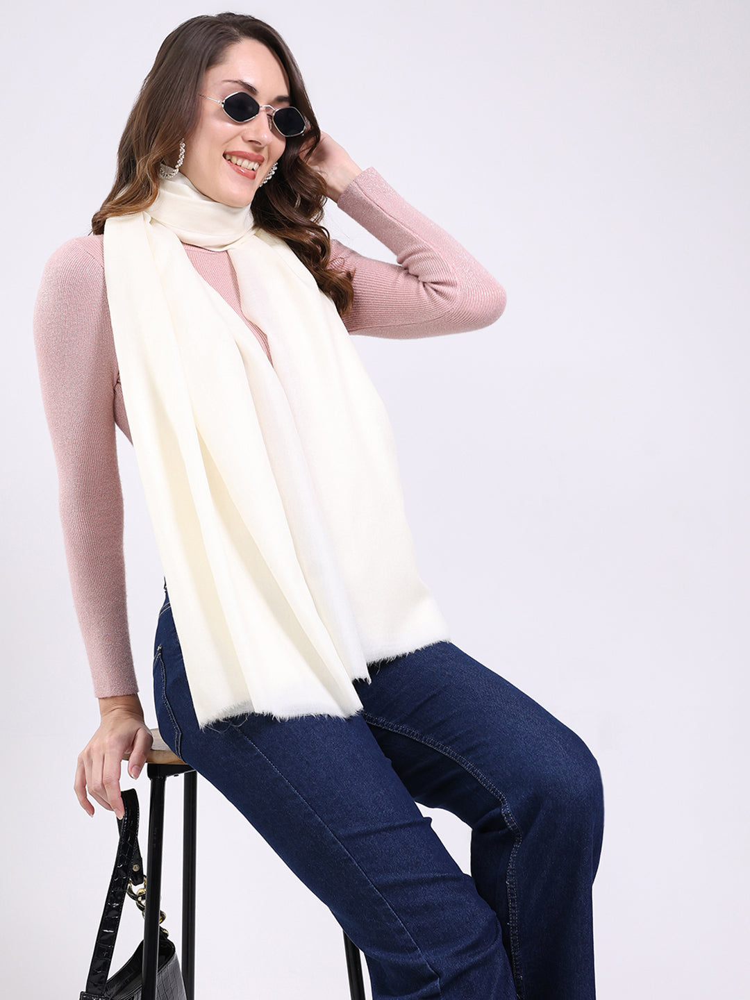 Women White Solid Wool Blend Shawl