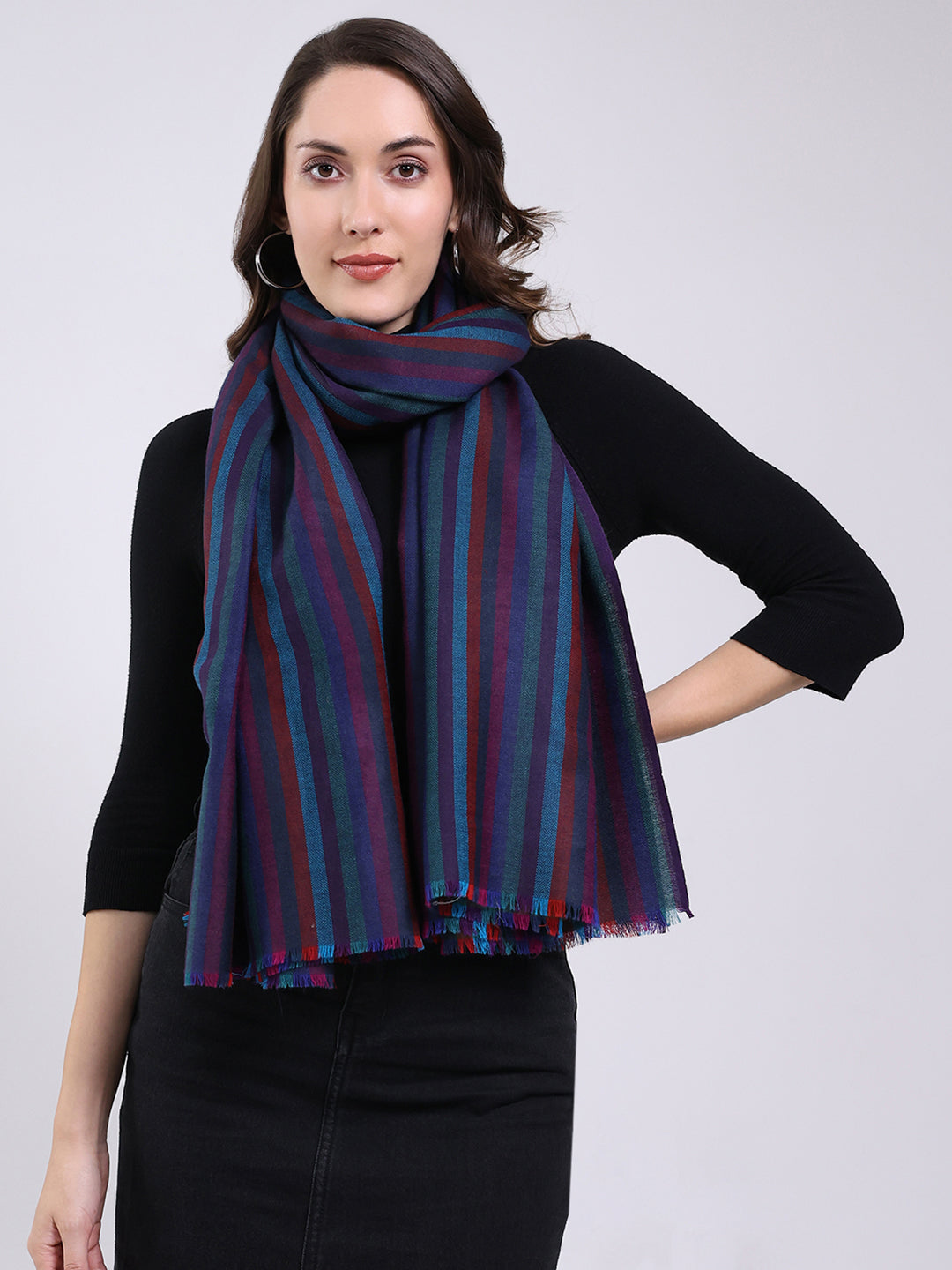 Women Blue Solid Wool Blend Shawl