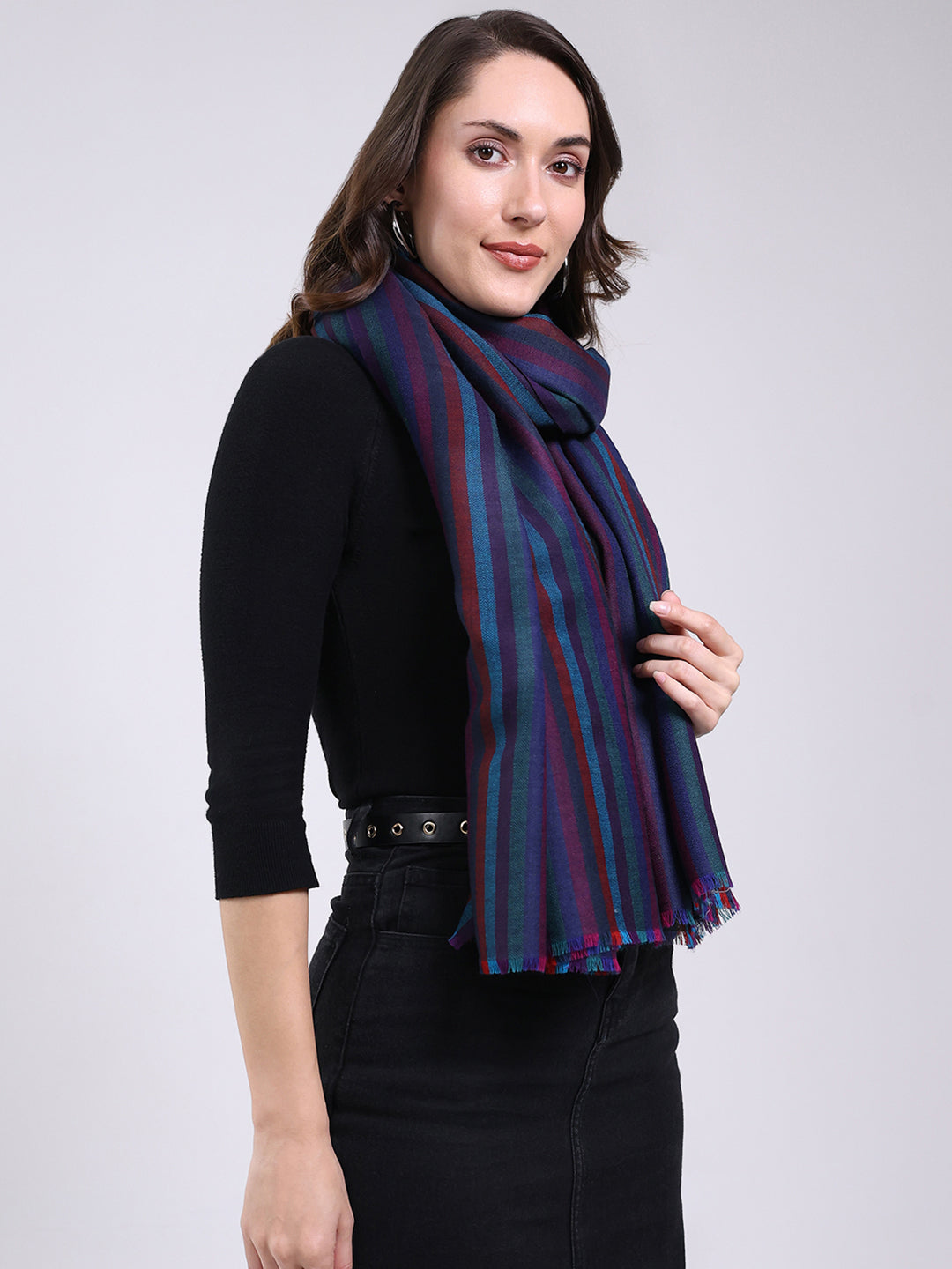Women Blue Solid Wool Blend Shawl