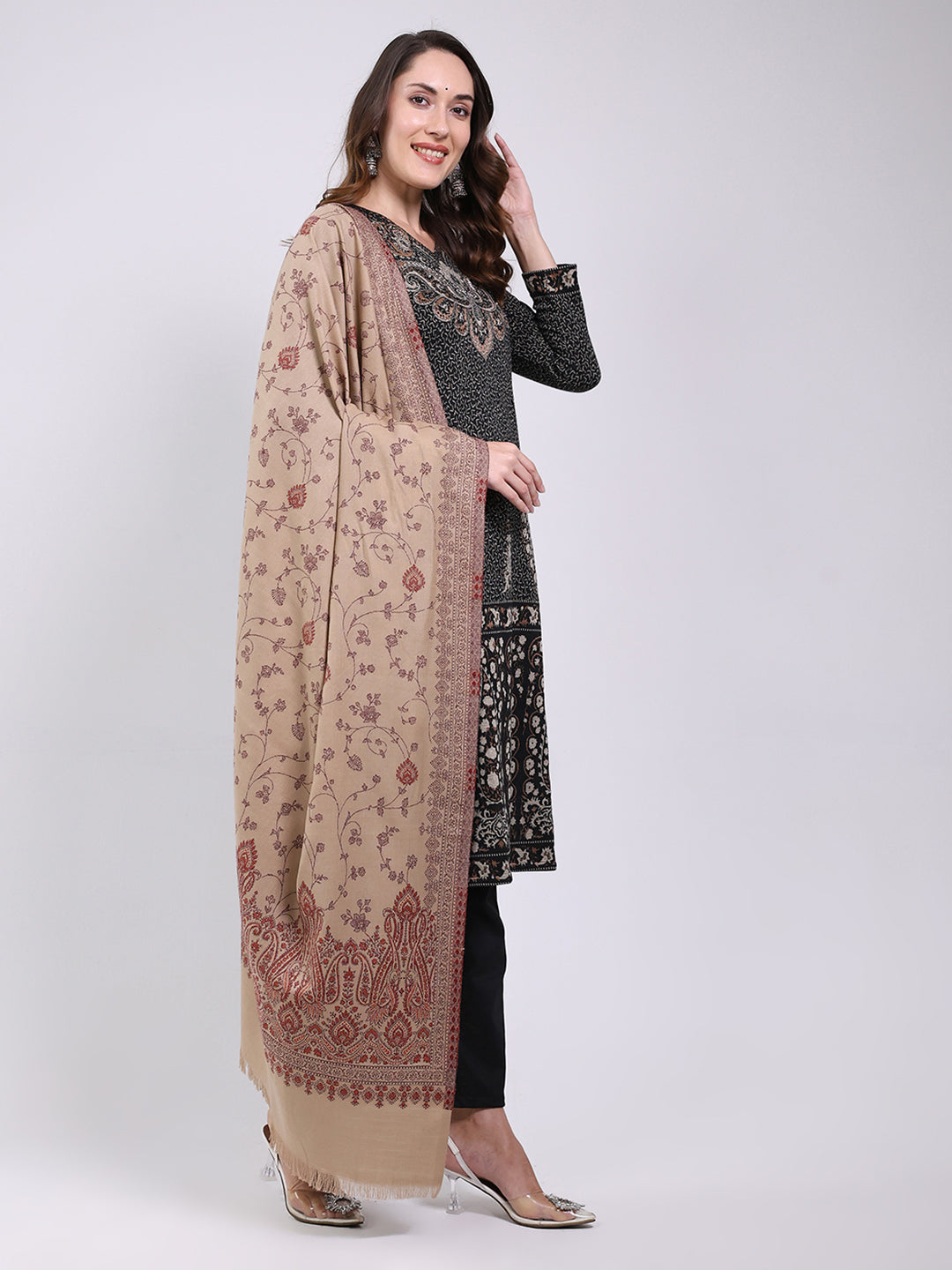Women Brown Printed Wool Blend Shawl