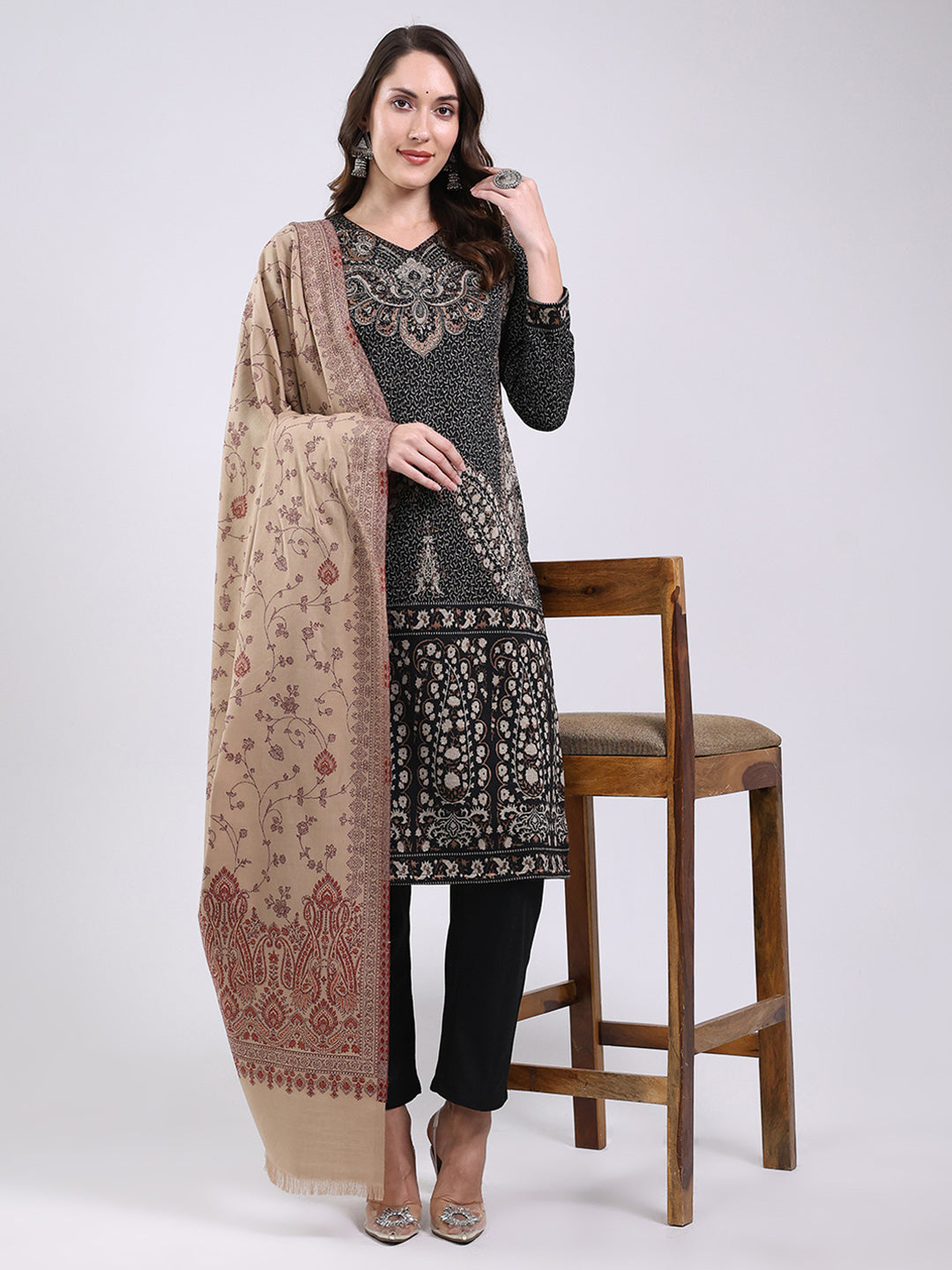 Women Brown Printed Wool Blend Shawl