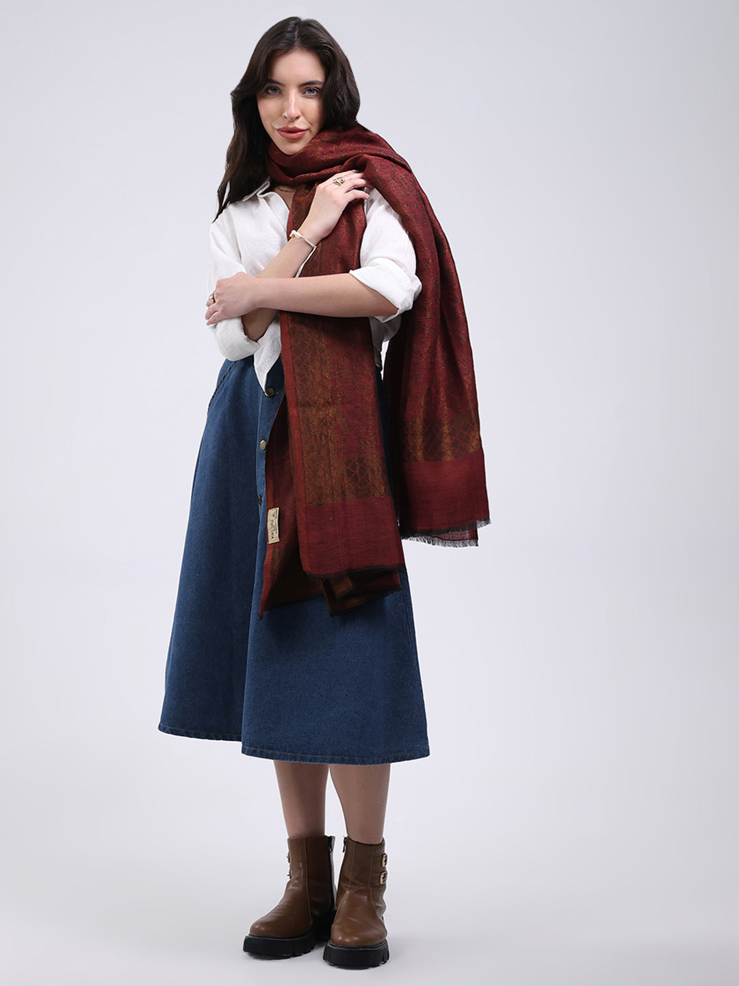 Women Maroon Printed Wool Blend Shawl