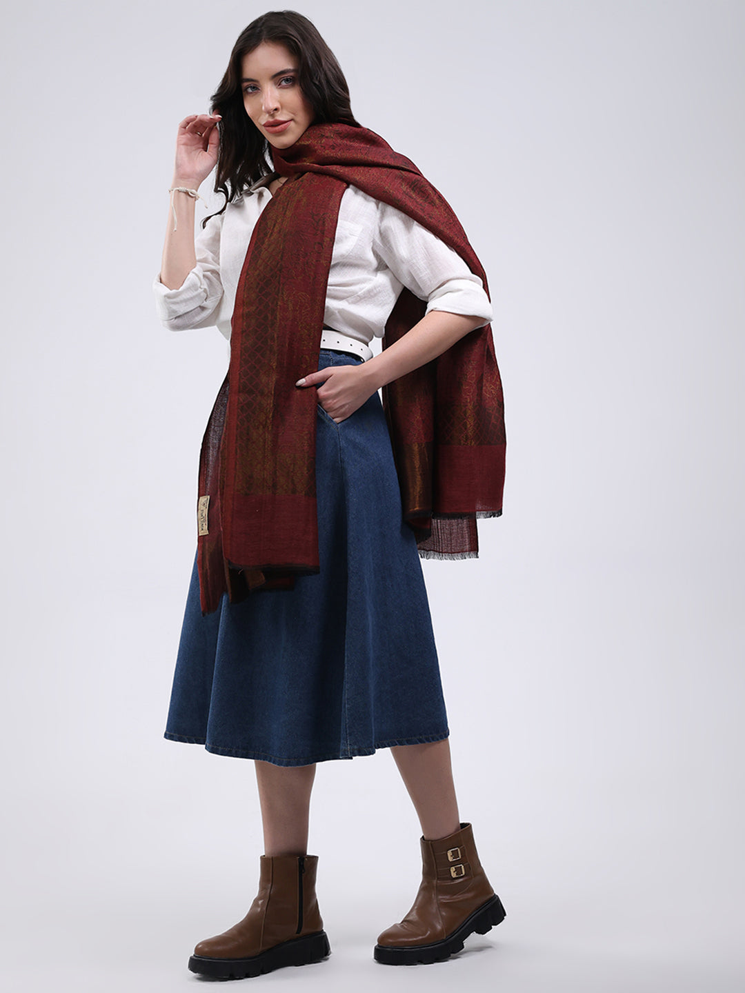 Women Maroon Printed Wool Blend Shawl