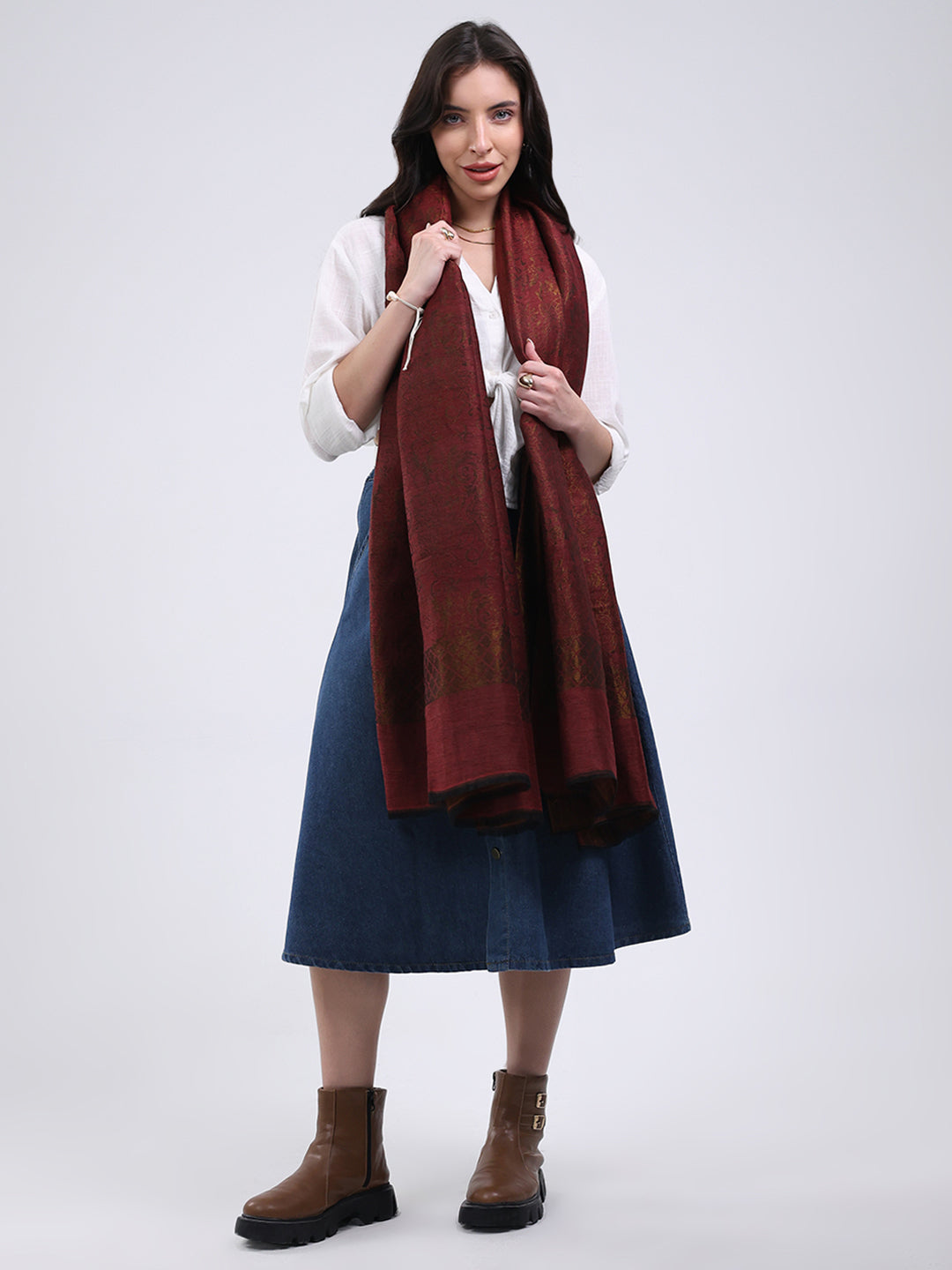 Women Maroon Printed Wool Blend Shawl