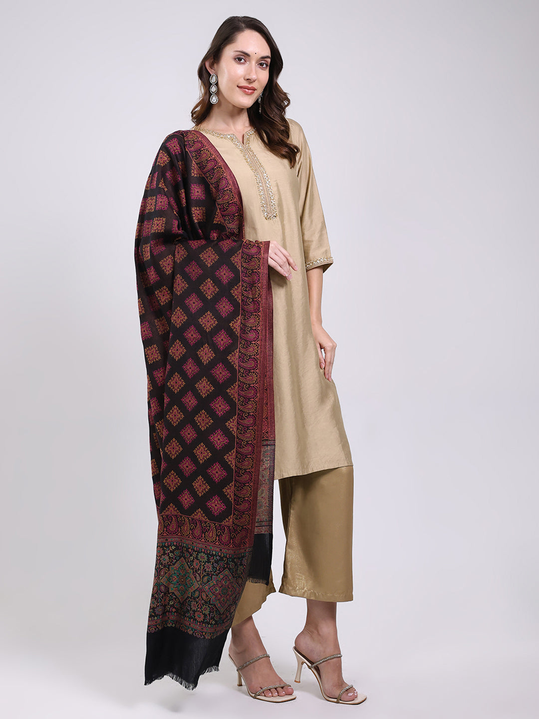 Women Maroon Printed Wool Blend Shawl