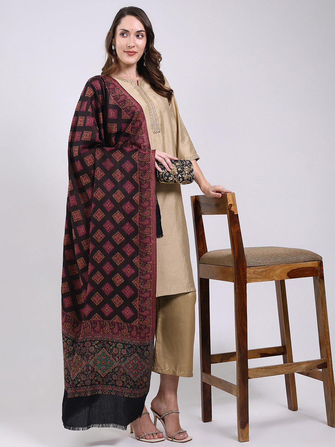 Women Maroon Printed Wool Blend Shawl