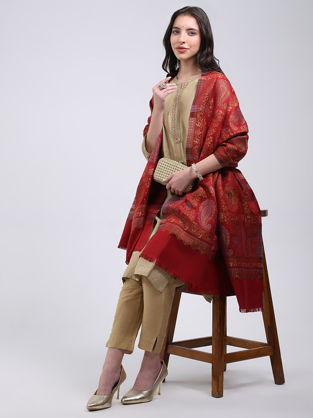 Women Multicolor Self Design Wool Blend Shawl