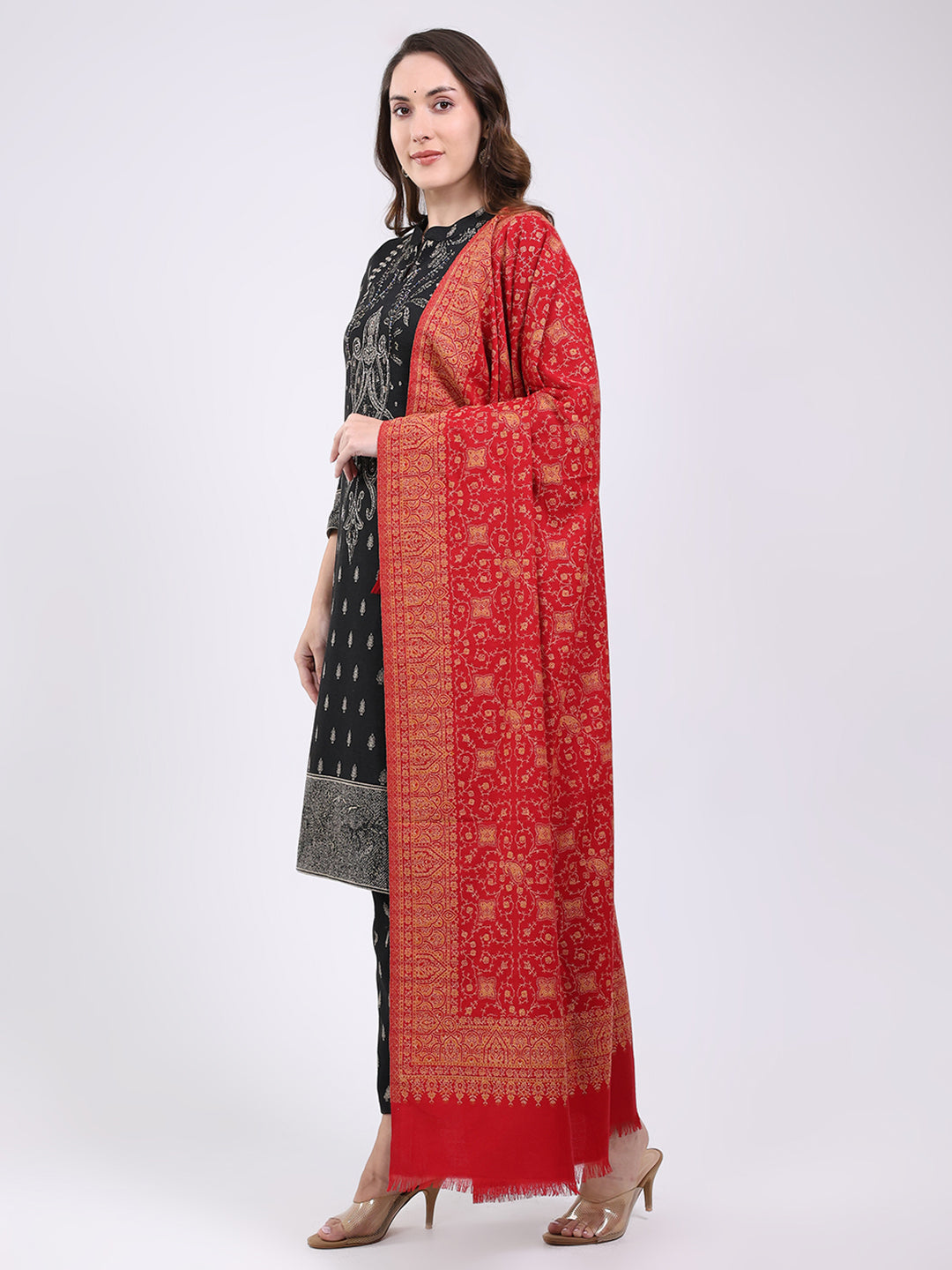 Women Red Printed Wool Blend Shawl